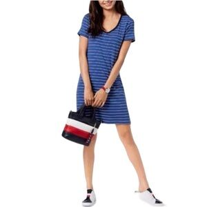 TOMMY HILFIGER T-Shirt Dress Short Sleeve V-Neck Blue White Stripe Women L NWT